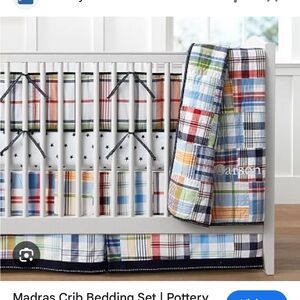 Pottery Barn Kids - navy madras crib sheet and quilt